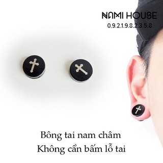 Bông tai nam nút đen tròn nam châm không cần bấm lỗ tai cá tính - namimi