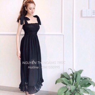 Đầm maxi 2 dây nhún xoè chất kate - hình sàn chụp thật