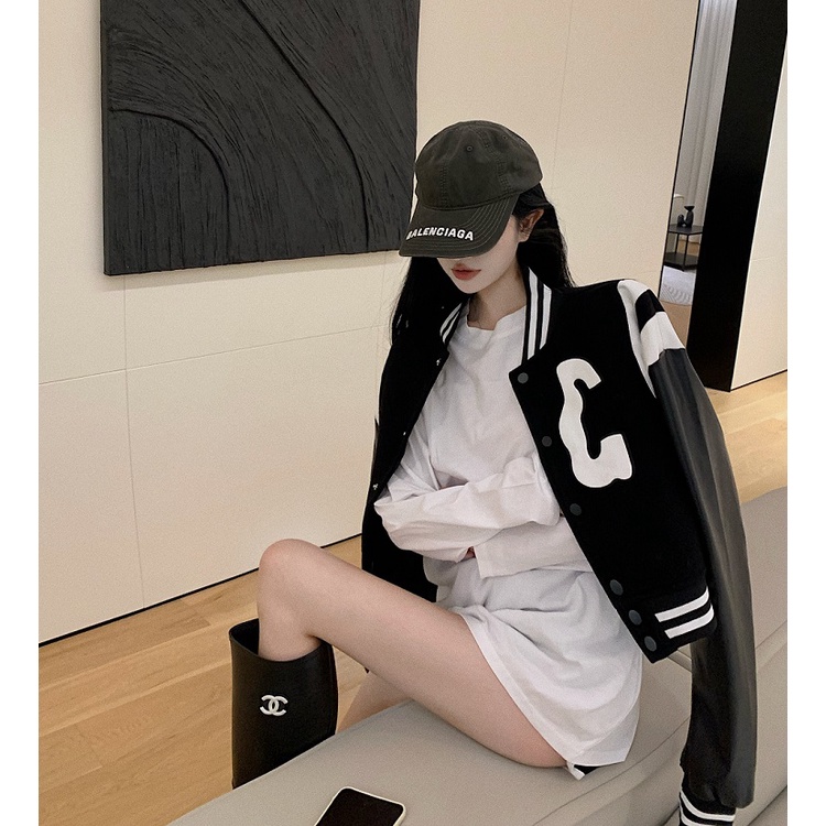 Áo khoác bóng chày dài tay dáng rộng có khóa kéo màu sắc tương phản in chữ độc đáo thời trang mùa thu cho nữ