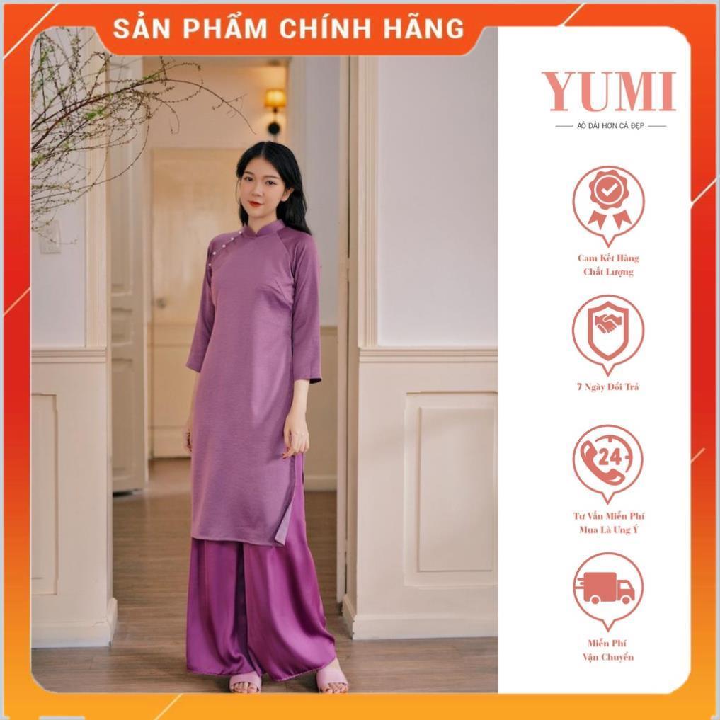 Áo Dài Cách Tân Nữ Suông, Dáng Xưa Lụa Tây Thi Màu Tím Đậm Cổ 2cm Tay Lỡ, Đính Ngọc Trai 1 Bên Vai YUMI 118
