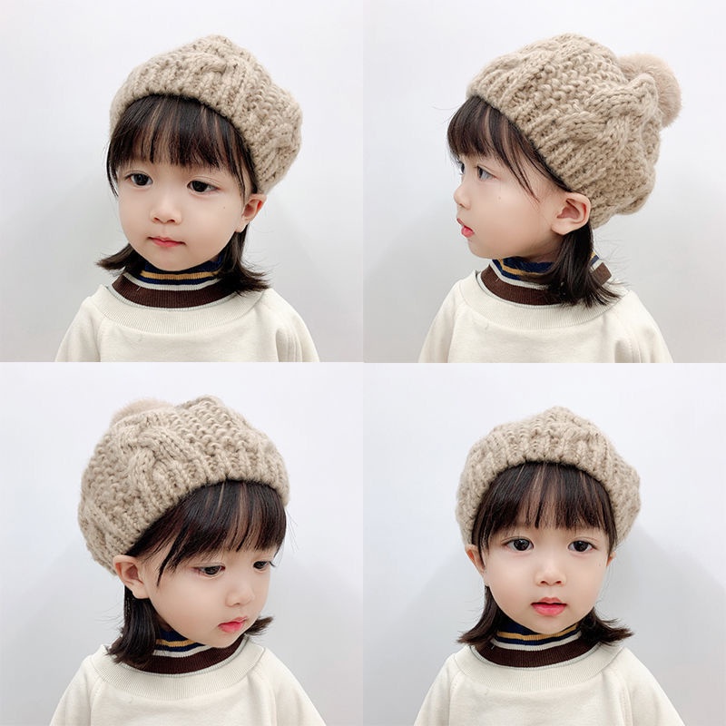 Mũ beret dệt kim đính quả bông xinh xắn cho bé gái