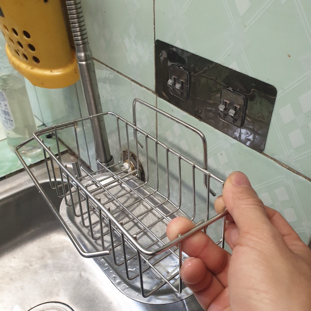 Giá Inox dán tường để đồ nhà bếp và đựng đồ rửa bát đa năng , Khay Inox treo gắn vòi chậu rửa tiện lợi