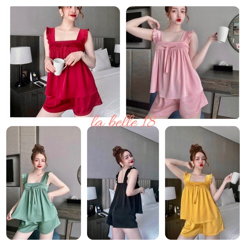 Bộ lụa satin cánh tiên Set áo 2 dây quần đùi chun lưng nơ ngực Bộ ngủ bầu mặc được