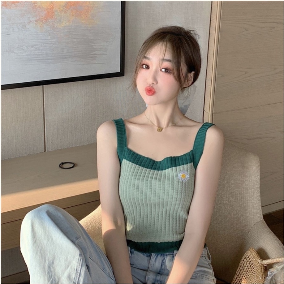 Áo hai dây ZHELIHANGFEI dệt kim tay dài thêu họa tiết phong cách Hàn Quốc thời trang mùa hè dành cho nữ