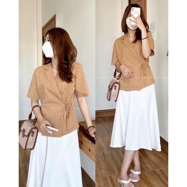 Set áo sơ mi cột vạt chéo tay cộc vintage công sở kèm chân váy trắng xoè dáng dài style hàn quốc