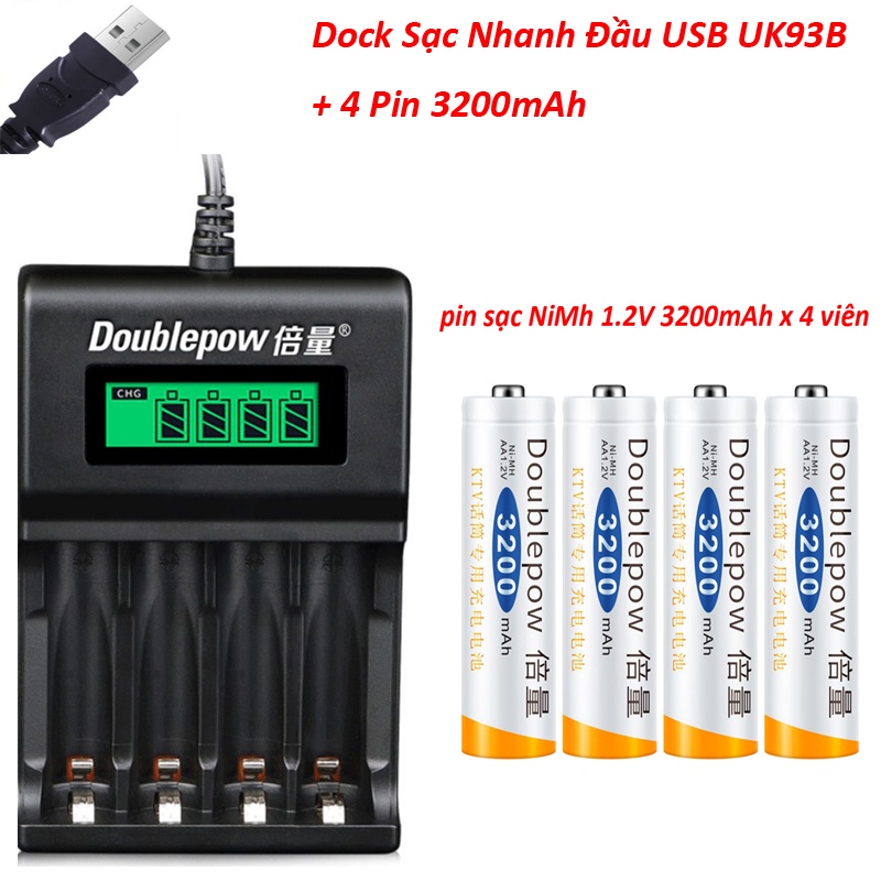 Combo Dock Sạc Nnanh Đầu USB và 4 Pin Sạc NiMh AA 3200mAh 1.2V MiCro Karaoke Doublepow 2A Có LED Báo Đầy Tự Ngắt