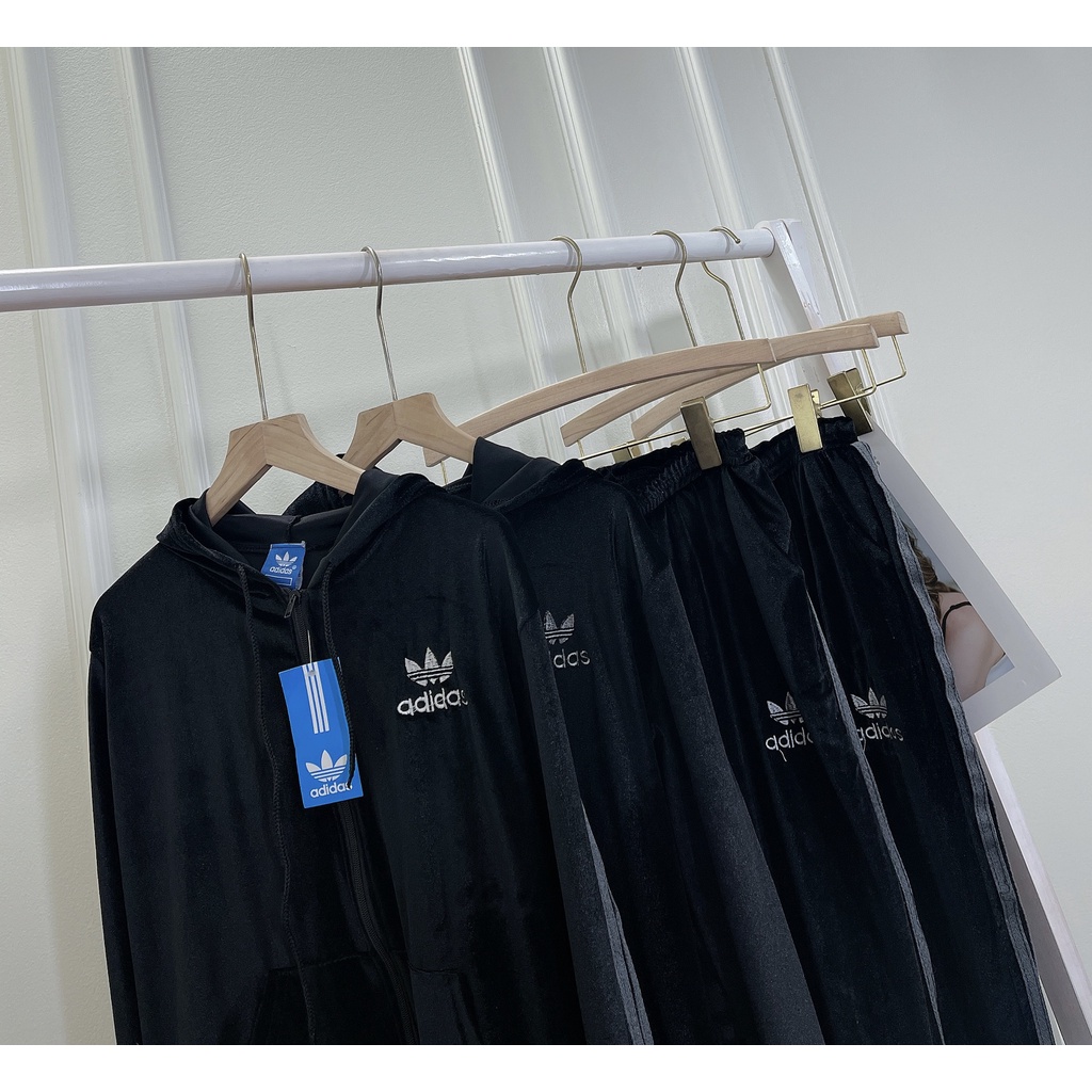 (H0375)Sét Bộ thể thao adiDas nhung phối viền siêu xinh áo mũ kéo khóa dài tay + quần dài thời trang sang chảnh cá tính