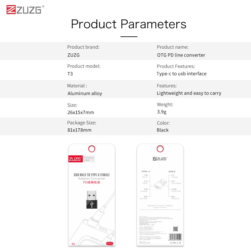 Jack chuyển đổi ZUZG truyền dữ liệu cực nhanh OTG T3 USB to Type - C