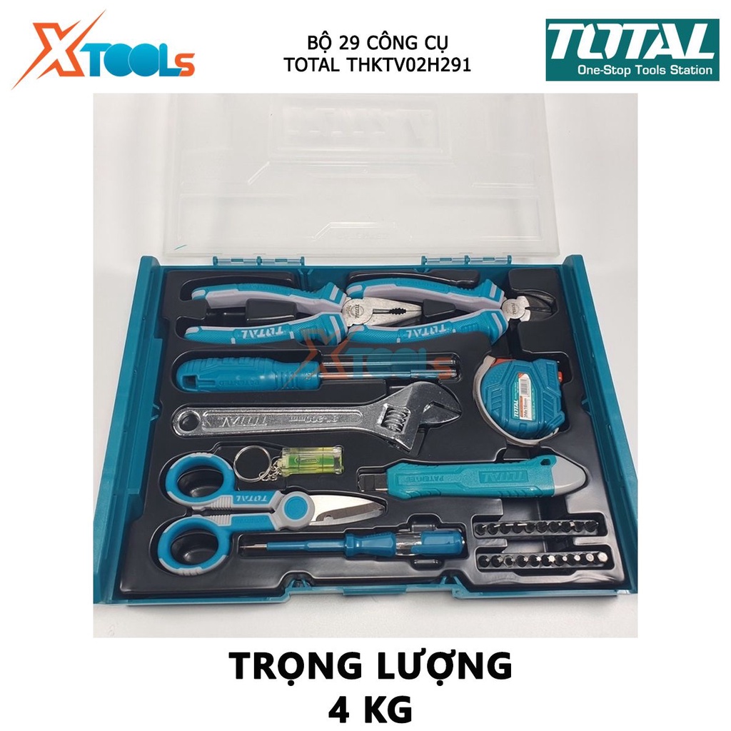 Bộ đồ nghề gia dụng 29 chi tiết TOTAL THKTV02H291 bộ 29 công cụ bao gồm kềm, mỏ lết, bút thử điện, thước kéo, băng cách