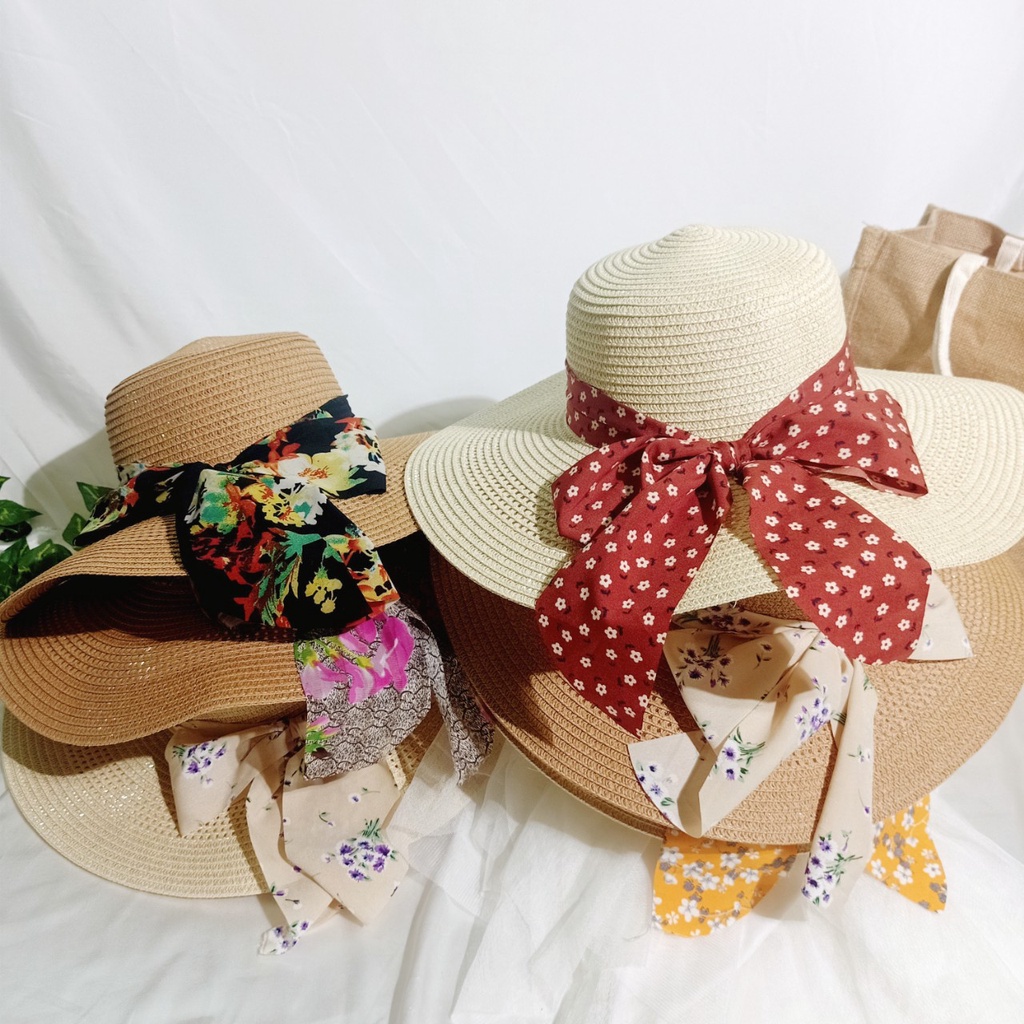 Nón cói/mũ cói nữ đi biển vành rộng phối nơ voan to sang chảnh hình chụp thật-vành rộng nơ voan