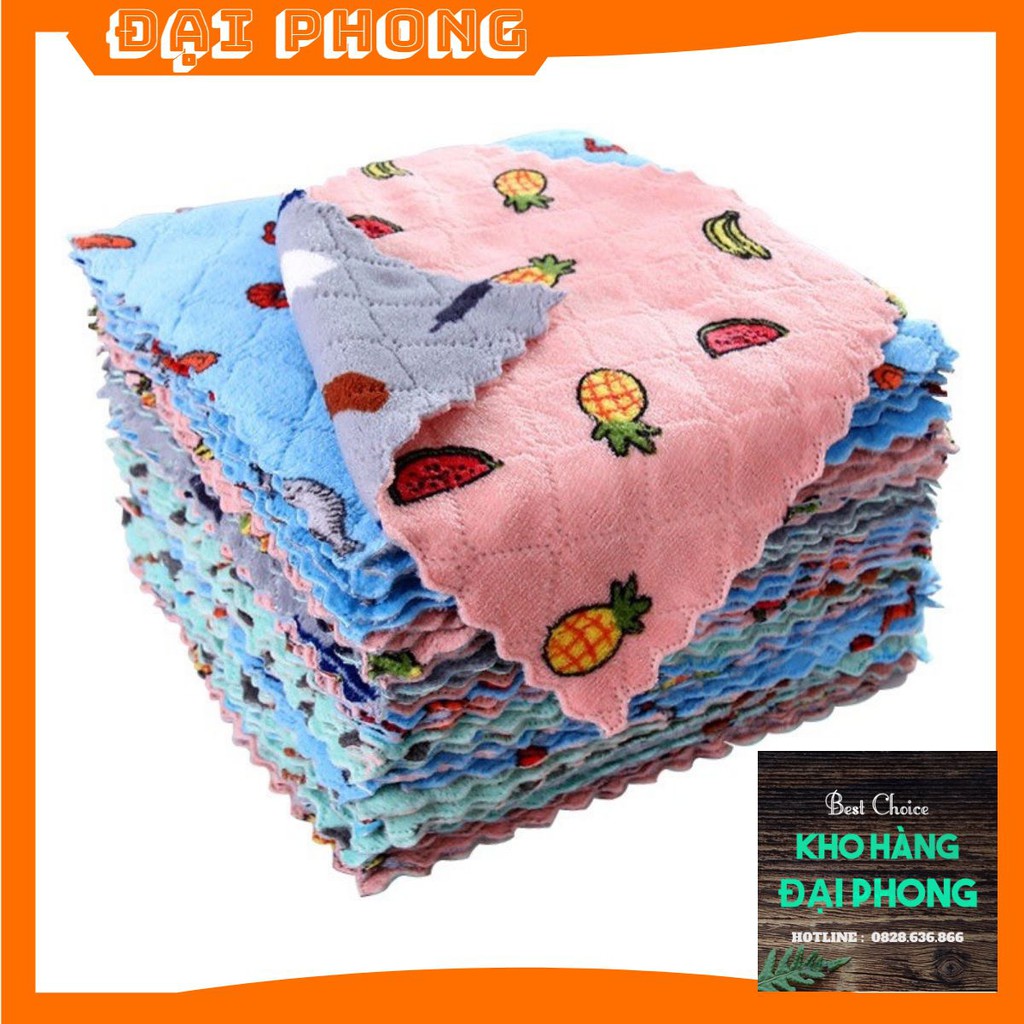 Khăn lau đa năng họa tiết lau bếp, bát đĩa, cốc chén thấm nước chống dính dầu mỡ hai mặt loại to 25x25cm