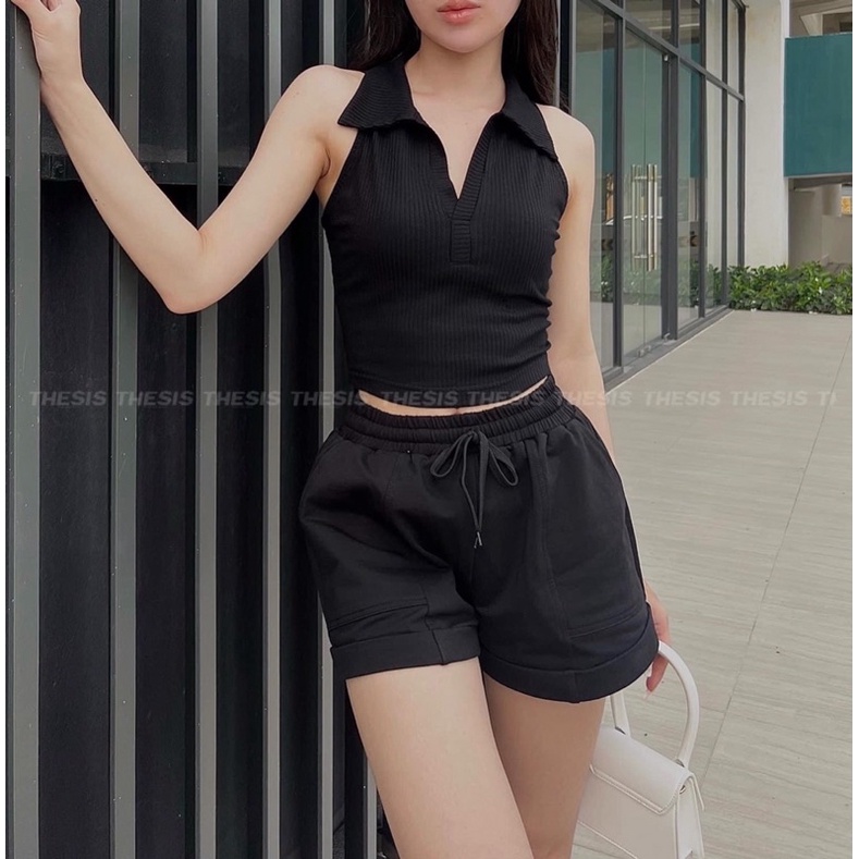 Áo croptop sát nách, áo croptop cổ bẻ Phong Cách Hàn Quốc