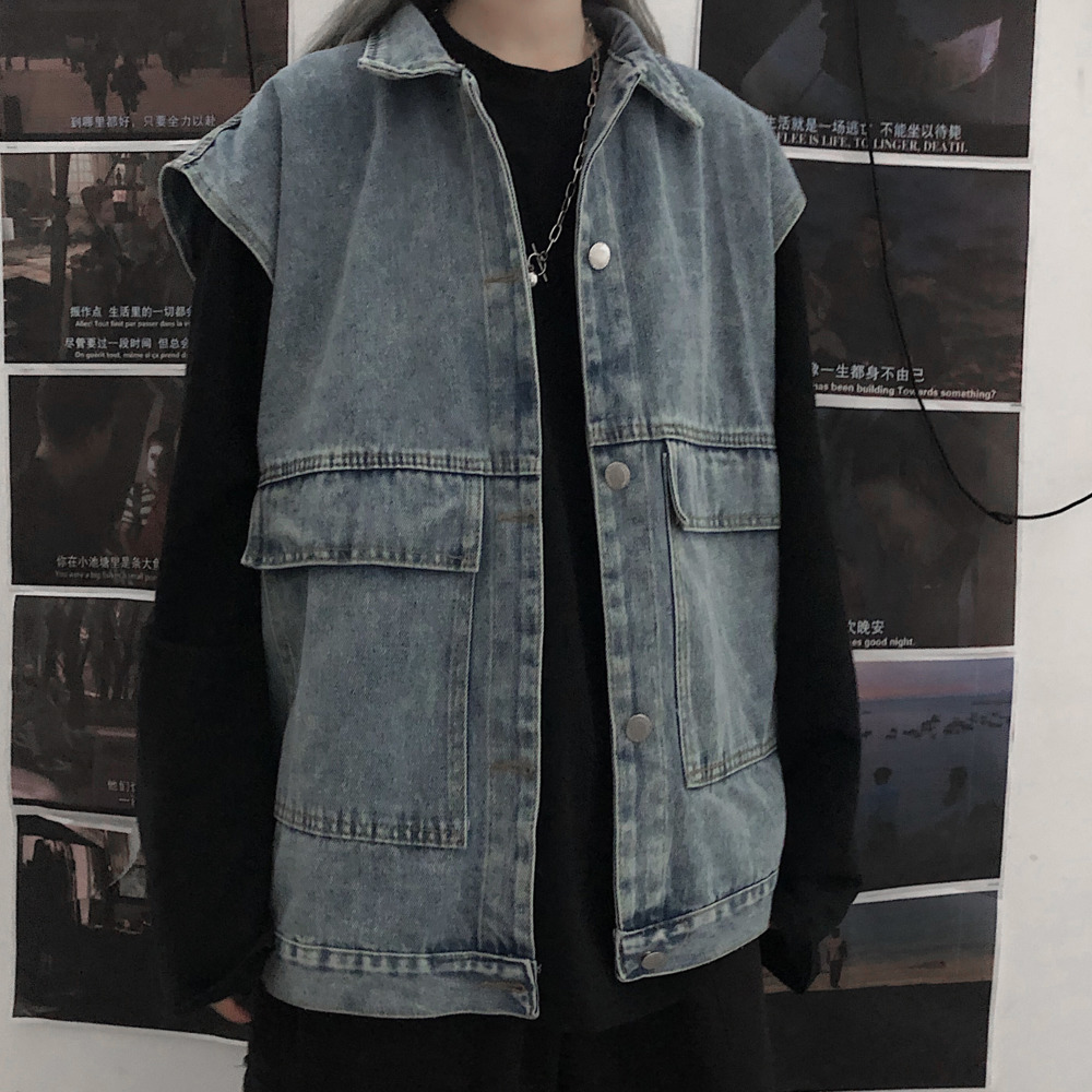 Áo Khoác Denim Không Tay Dáng Rộng Phối Túi Cá Tính Dành Cho Nam Và Nữ 22838