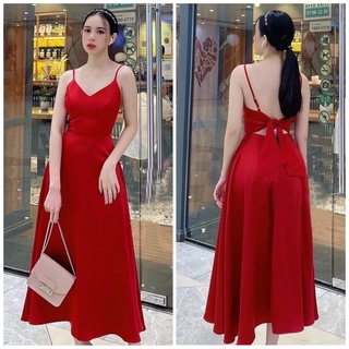 Đầm váy 2 dây maxi đỏ nơ sau có mút ngực (kèm hình thật)