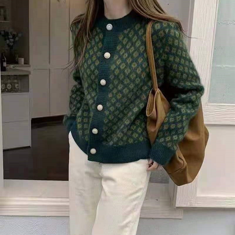 Áo Khoác Cardigan Dệt Kim Cổ Chữ V Màu Xanh Lá Phong Cách Retro