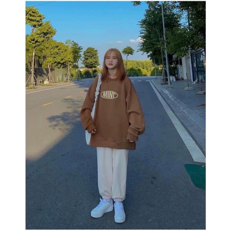 Áo Nỉ Sweater Nữ Form Rộng Màu Nâu Dáng Rộng Ulzzang In Chữ MINT
