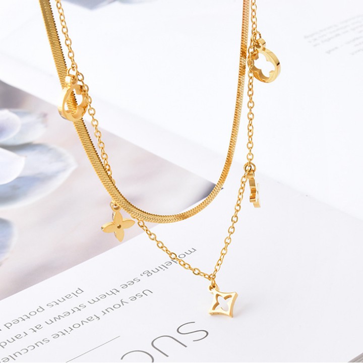 Dây chuyền nữ titan cao cấp kiểu mì dẹp kết hợp chuỗi hoa 4 cánh siêu đẹp, bền màu, hợp thời trang, dễ phối đồ