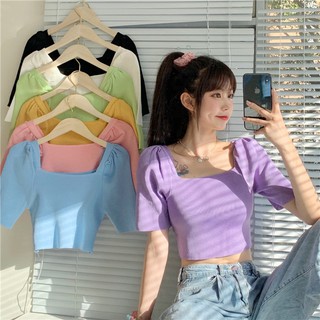 [Sẵn] Áo cổ vuông len tăm mùa hè body tay lỡ nhiều màu