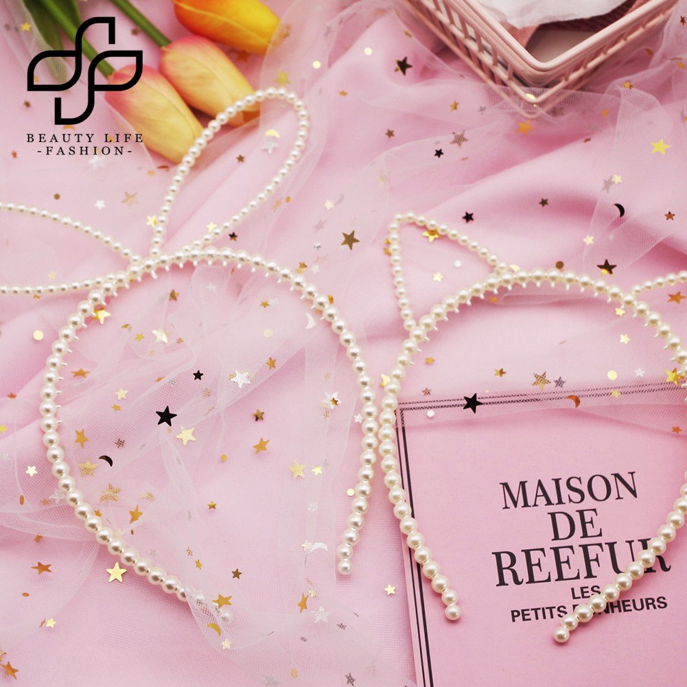 Cài tóc tai mèo đính ngọc trai giả dễ thương