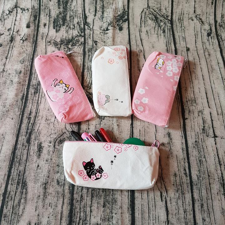 HCM -Hộp bút vải họa tiết mèo Nhật hoa anh đào ngọt ngào dễ thương