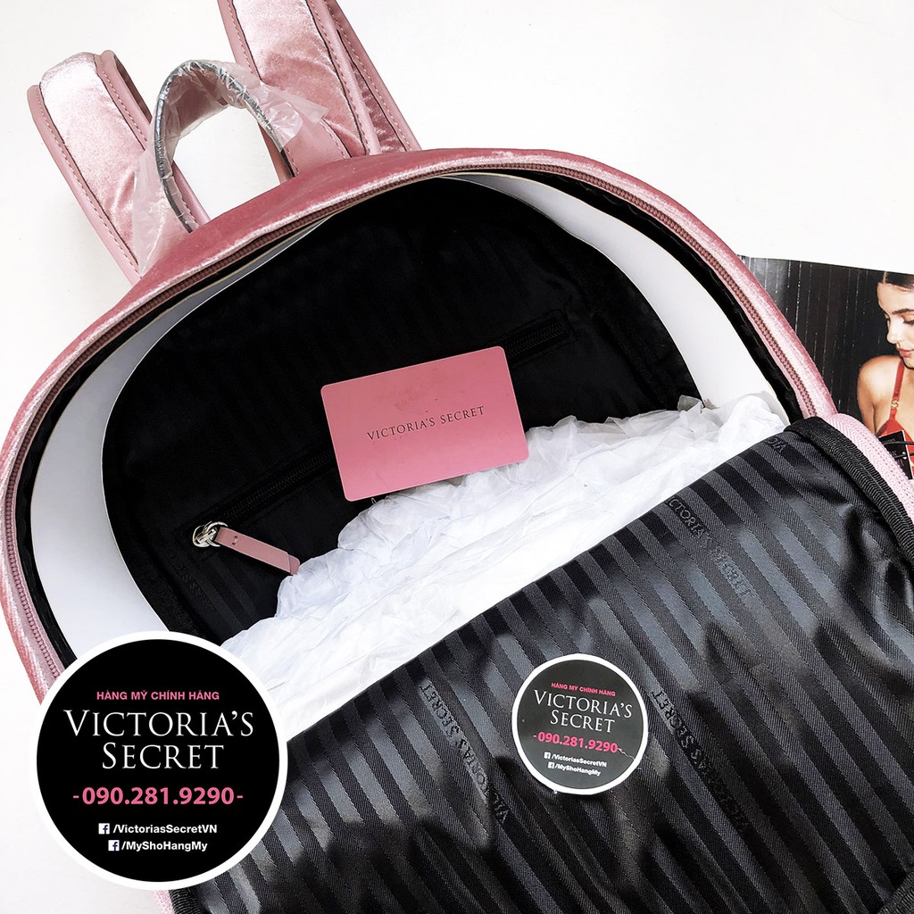 Ba lô nhung màu hồng kết hạt trắng KT 36x26x13cm - Hàng nhập Victoria's Secret USA