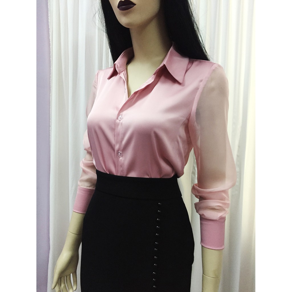 Áo sơ mi nữ dài tay💖Ảnh thật💖Áo lụa nữ công sở tay voan phom suông màu cam | BigBuy360 - bigbuy360.vn