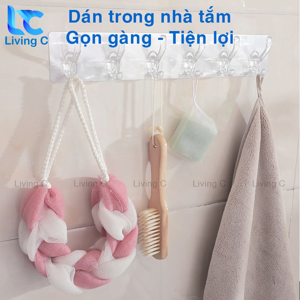 Móc treo quần áo dán tường Living C, giá treo đồ 6 móc kép nhựa loại lớn không cần khoan đục tiện lợi _6M