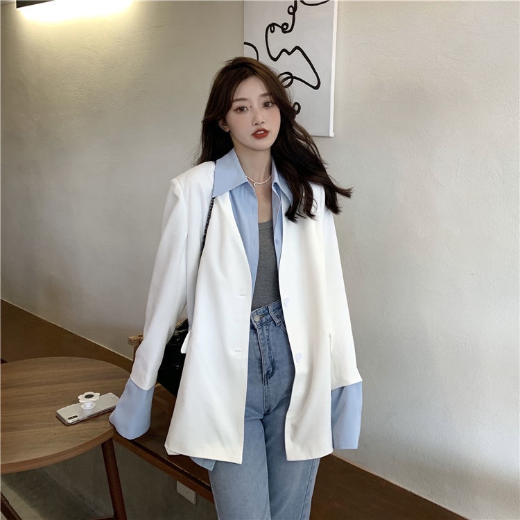 Áo khoác giả hai lớp tay dài dáng rộng thời trang mùa thu phong cách Hàn Quốc cho nữ
