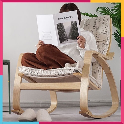 Ghế Bập Bênh Thư Giãn, Ghế Lười Tựa Lưng Đọc Sách Chất Liệu Gỗ Bạch Dương Sang Trọng
