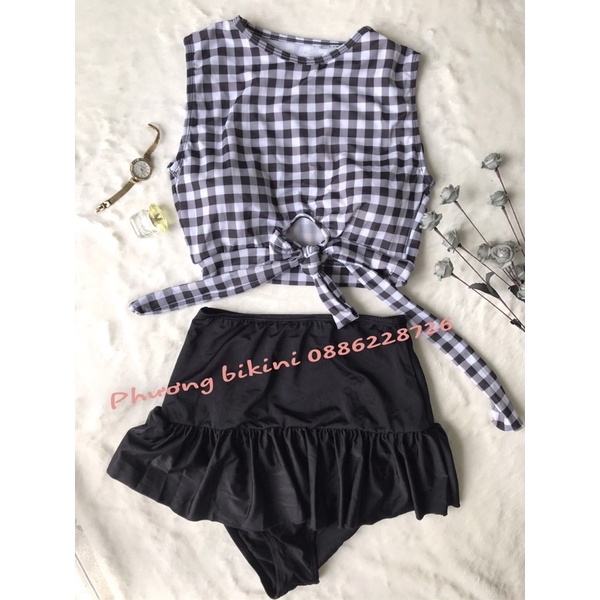bikini đồ bơi ba lỗ kẻ caro chân váy cạp cao giấu bụng mỡ kín đáo hàng cao cấ | BigBuy360 - bigbuy360.vn