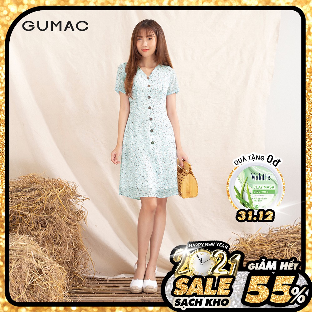 [Mã MABR07062 giảm 8% tối đa 50K đơn từ 249K] Đầm xòe hoa nhí cổ V nút gỗ GUMAC DA1096