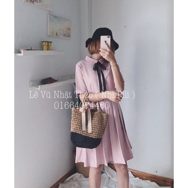 Đầm sơ mi xếp li hồng