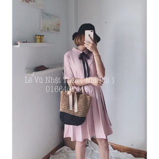 Đầm sơ mi xếp li hồng