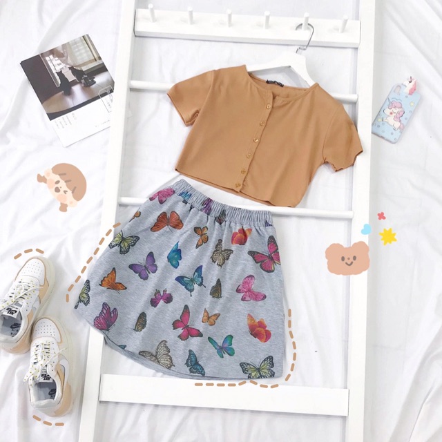 Set Váy Loang+Croptop Nút Ulzzang Ảnh Thật