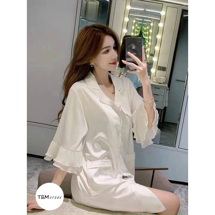 Váy choàng ngủ basic trắng tay lỡ