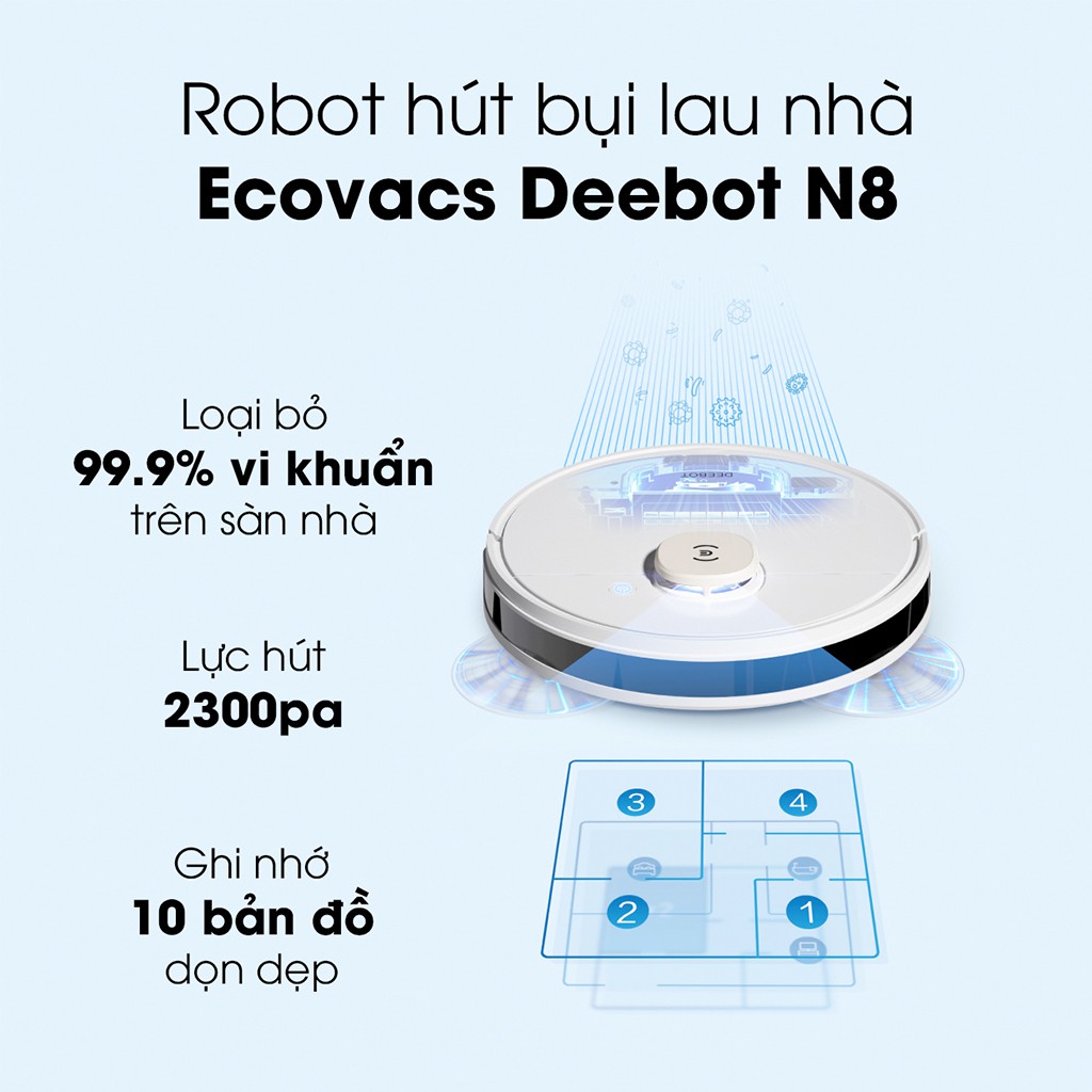 Robot hút bụi Ecovacs N8, dẫn đầu phân khúc trung cấp, lực hút 2300, nhận diện thảm, lưu 3 map.