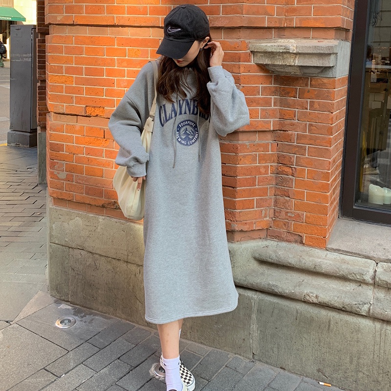 Đầm Hoodie Dài Dày Dặn In Chữ Phong Cách Vintage Cho Nữ
