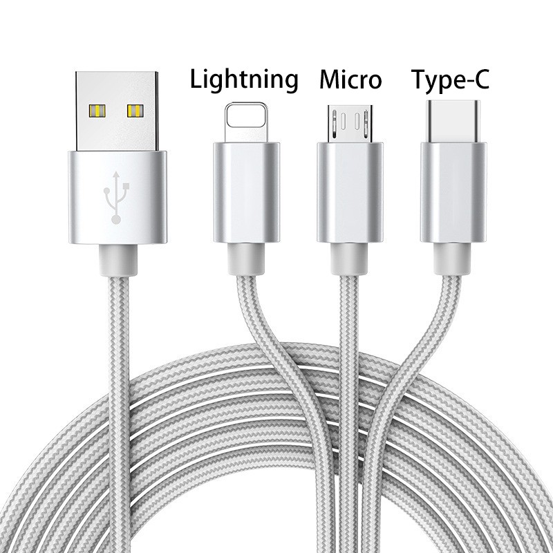 Dây Cáp Sạc Sợi Nylon 1m 1.5m 2m 3m 3 Trong 1 Cổng Micro Usb Type C Cho Apple Ios Iphone Ipad 5 6 7 8 X Xs Xr 10 11 12 Se Plus Pro Max