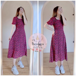 [Ảnh thật] Đầm voan hoa hồng xếp ly ngực tay phồng vintage