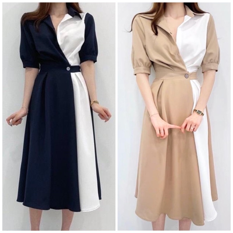 Đầm dự tiệc cưới mặc với đôi bạn thân cổ sơ mi dáng xòe midi siêu hot (40-60kg)