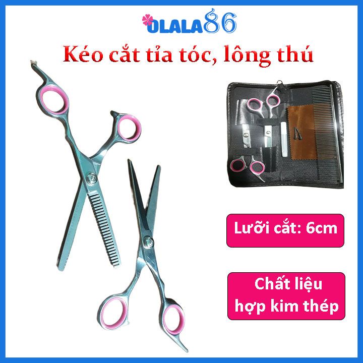 Bộ 2 kéo cắt tóc, tỉa tóc,tỉa lông thú 6inch cao cấp, tiện lợi, tặng kèm lược nhựa