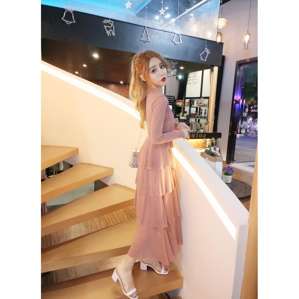 (Sẵn) M09 - Đầm tầng Ulzzang cổ V dáng dài kim sa thắt nơ eo (3 màu)