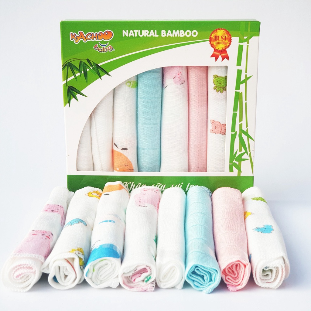 Hộp 8 khăn sữa sợi tre cho bé 30 x 30cm, 2 lớp KACHOOBABY mềm mịn thấm hút kháng khuẩn