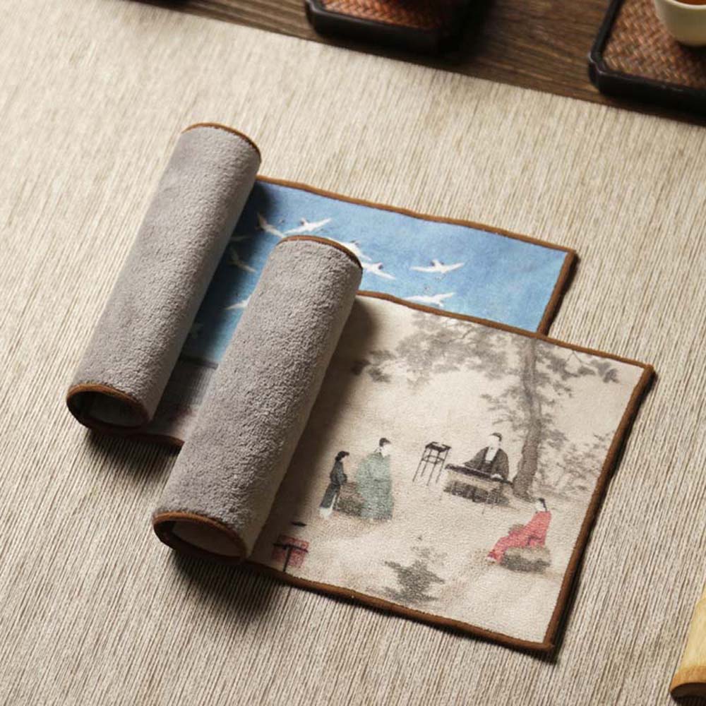 MICROFIBER Khăn Lau Bàn Trà Vải Nhung Dày Dặn Thấm Hút Nước In Họa Tiết Vẽ Tay Phong Cách Trung Hoa