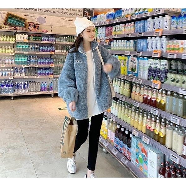 Áo khoác lông thêu chữ Pichi nam nữ cố bẻ kéo khóa form rộng màu trắng xám phong cách hàn quốc freesize wikishop C484