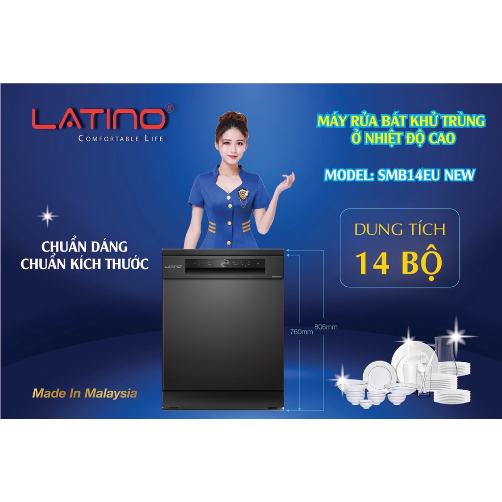 Máy Rửa Chén, bát Latino SMB14EU NEW 14 Bộ - Hàng chính hãng Bảo Hành 3 năm