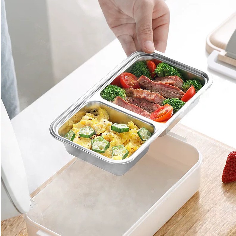Hộp cơm giữ nhiệt lúa mạch 2 tầng ruột Inox 304 - Hộp cơm văn phòng WOODEN dùng được lò vi sóng
