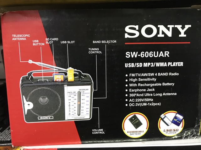 [Mã ELHACE giảm 4% đơn 300K] Radio đọc thẻ usb sd SONY SW-606UAR 607UAR ( có pin sạc tích hợp)