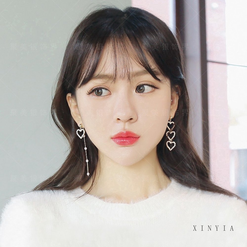 Khuyên Tai Dáng Dài Hình Trái Tim Đính Ngọc Trai Nhân Tạo Thời Trang