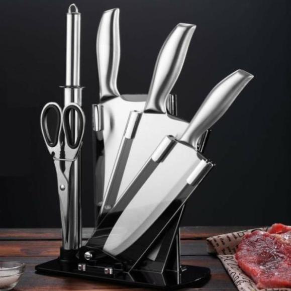 Bộ Dao Nhật 6 Món Inox Nhà Bếp Nguyên Khối Cao Cấp Kèm Khay Đựng